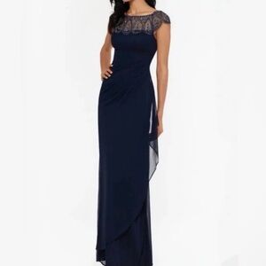 Cap-Sleeve Navy Embellished Maxi Dress